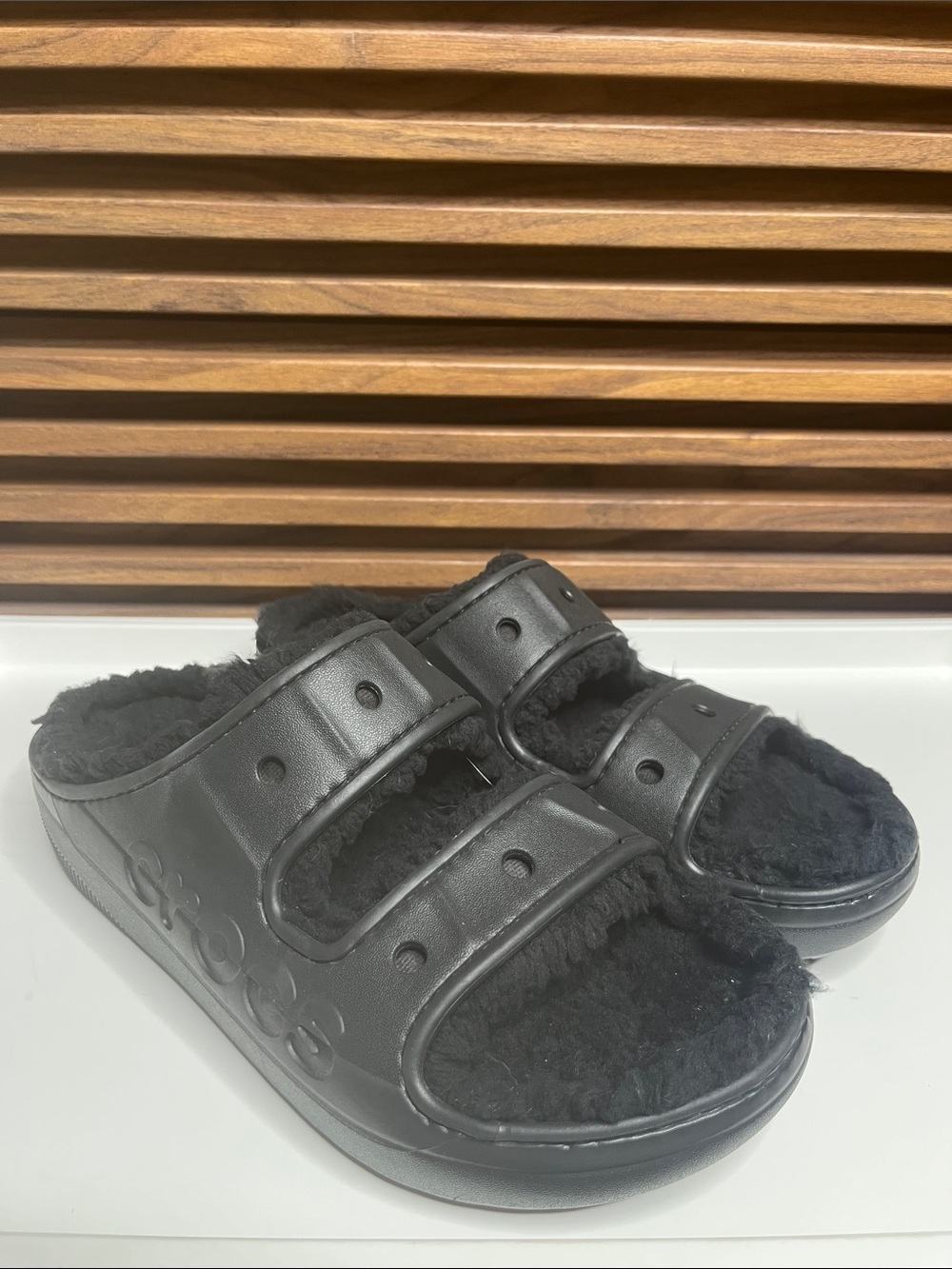 Crocs Baya Cozzzy Black Fuzzy Slide Sandals with Dual Straps Size 9